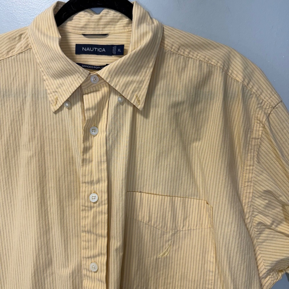Nautica Mens XL Sanded‎ Poplin Shirt Yellow Striped Short Sleeve Button Down XL